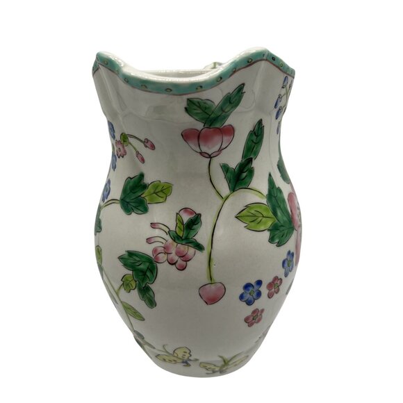 Antique Hand Painted Floral Porcelain Pitcher Handle Scalloped Rim Butterflies - Picture 4 of 10